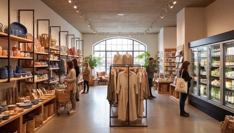 Retail store interior with shoppers browsing clothing and goods